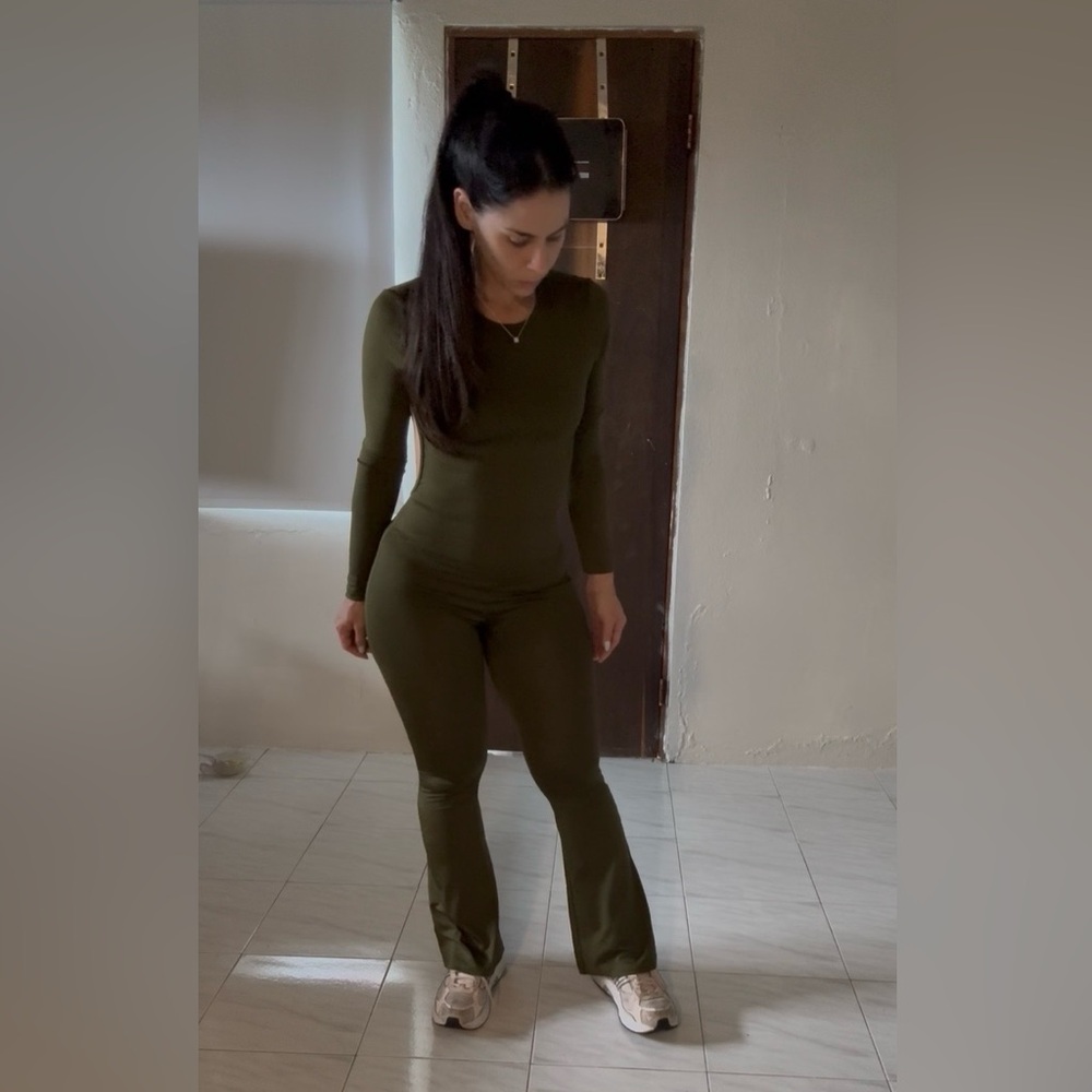 Women's Long Jumpsuit. Olive Green Stretch